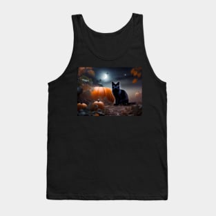 A sleek black cat in a pumpkin patch on Halloween night Tank Top